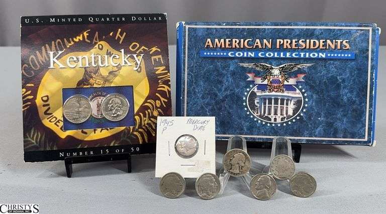 American Presidents Coin Collection, U.S. Minted Kentucky Quarter Set, 1946 Washington Quarter, 1945 Mercury Dime, 1907 "V" Nickel, 3 Buffalo Nickels and a 1961 Jefferson Nickel image