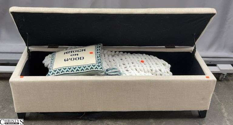 Upholstered Storage Ottoman, Blanket & Pillow - 50" x 17" x 15" - shows wear, staining image