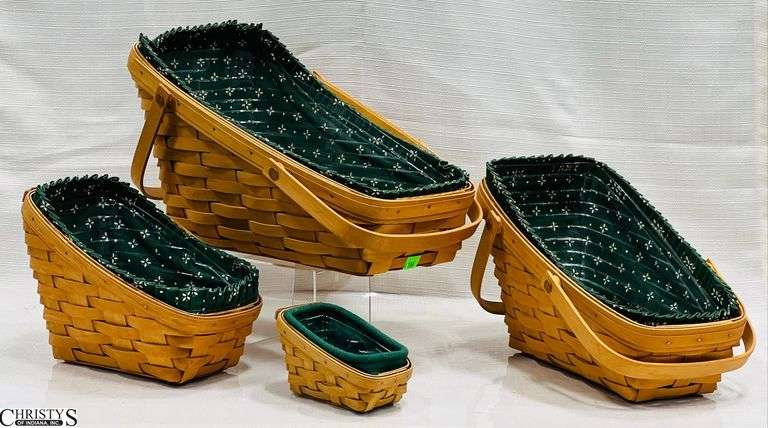 4 Longaberger Baskets with Liners and Protectors.  Includes a 2004 Cilantro Basket, 1996 Small Vegetable, 1998 Medium Vegetable and a 1998 Large Vegetable image