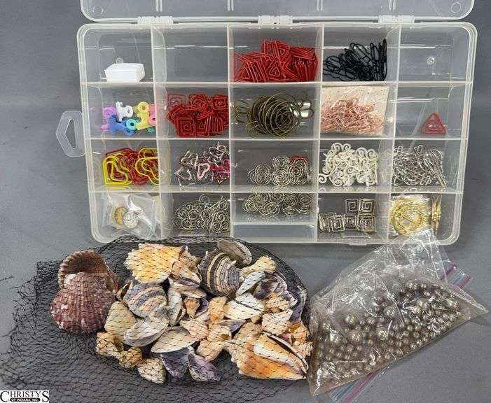 Plastic Organizer with Paper Clips, Journaling Clips, Brads, Sea Shells, Balls image