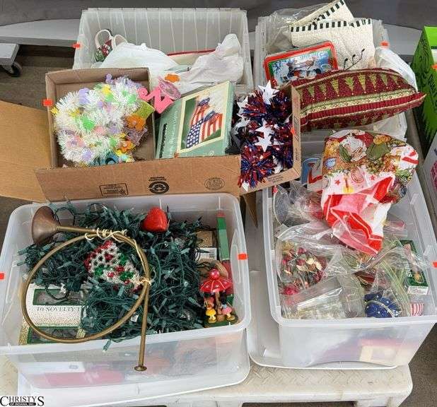 4 Totes and 1 Box Assorted Christmas - Lights, Mugs, Decor, Some Easter, Valentines, and 4th of July - SKID NOT INCLUDED image