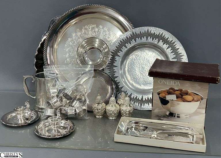 Silverplate Serveware - Trays, Napkin Rings, Candlesticks, Misc - 15" D of largest image
