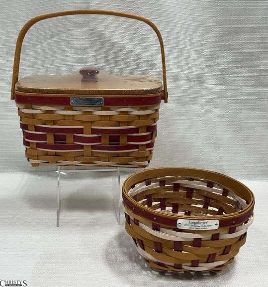 2 Longaberger Christmas Baskets.  2017 Christmas Collection Snow Swirl Basket and 2015 Christmas Collection Yuletide Greetings Basket with Lid and Protector image