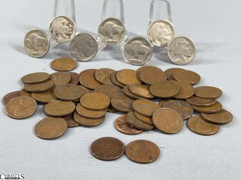 7 Buffalo Nickels and 53 Wheat Pennies image