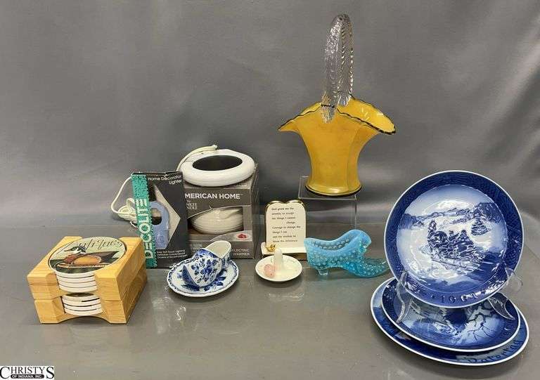 Fenton Hobnail Shoe, Candle Warmers, Royal Copenhagen Plates, Coasters, Misc - 11.5" of tallest image