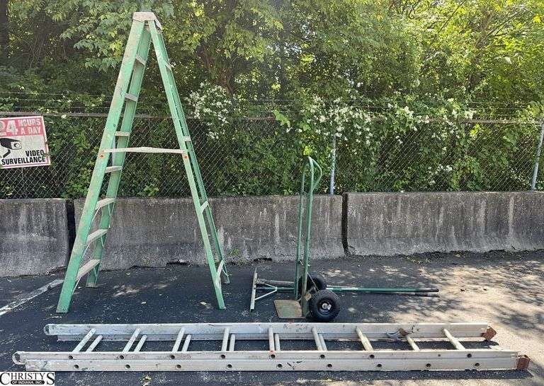 8' Fiberglass Ladder, Aluminum Extension Ladder Some Damage, Long Handle Tools, 2 Wheel Dolly image