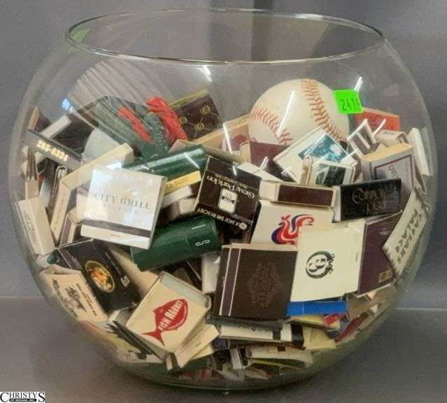 Large Collection of Matchbooks in Glass Fishbowl - 12" x 10" of fishbowl image
