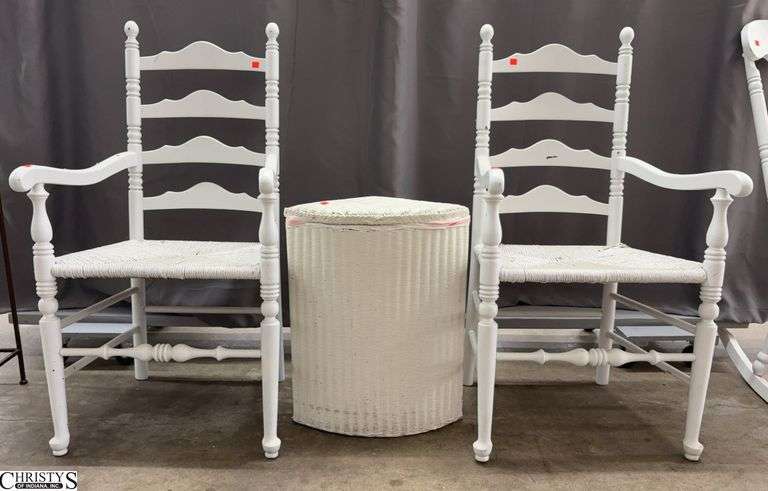 2 Painted Ladder Back Armchairs and Wicker Trashcan - 41" T - 18" S of each - some finish wear image