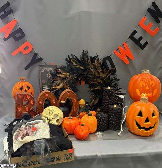 Assorted Halloween Decor - Feather Wreath, Pumpkin Lights, Jack o Lanterns, Storage Tote, Costume Pieces - 18" of wreath image