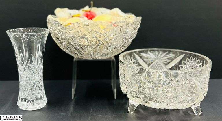 2 Cut Glass Footed Dish and Bowl, Small Crystal Vase - 9" of bowl image