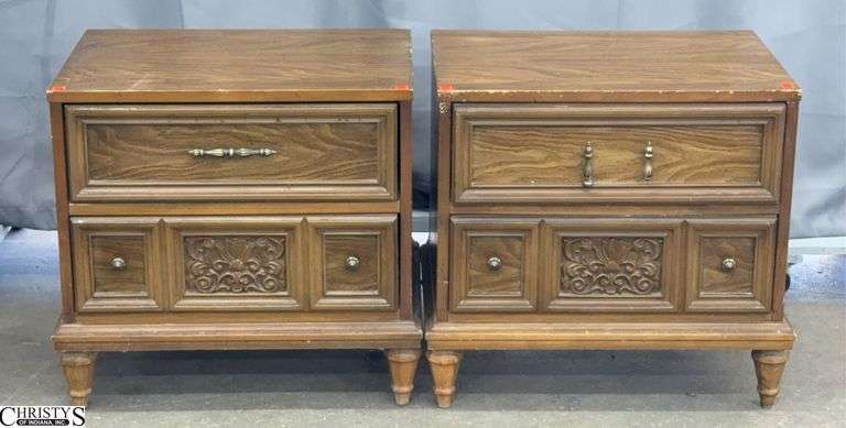 2 Vintage 2 Drawer Nightstands - 24" x 17" x 23" - some edge wear, broken drawer pull image