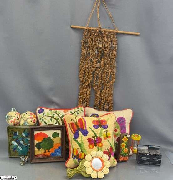Kitschy Vintage Decor Group - Needlepoint Pillows, Bookends, Macrame Wall Hanging, Misc - 10" x 10" of pillows image