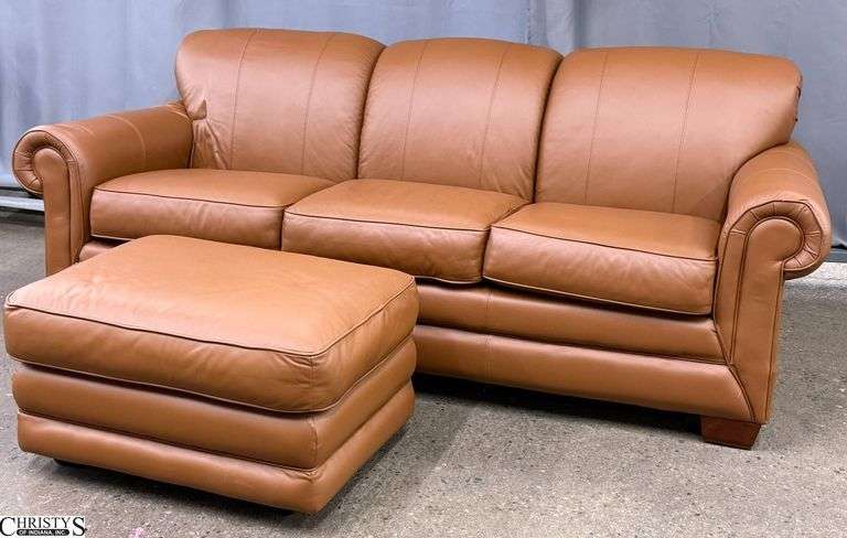La-Z-Boy Cognac Leather Like Queen Size Sofa Sleeper 87"Long, and Ottoman On Wheels image