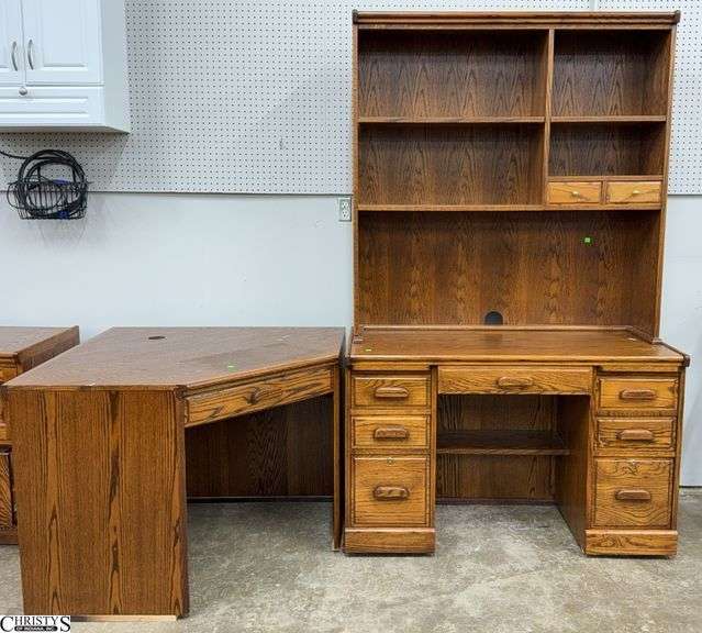 Wooden Office Desk With Hutch with Corner Desk Piece, Some Wear, desk 48x22x31", Top 47x12x48" Tall, Corner 39x39x31" image