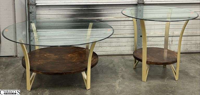 Glass & Metal Contemporary Coffee Table and Side Table - 40" x 19" of coffee table, some scuffing image