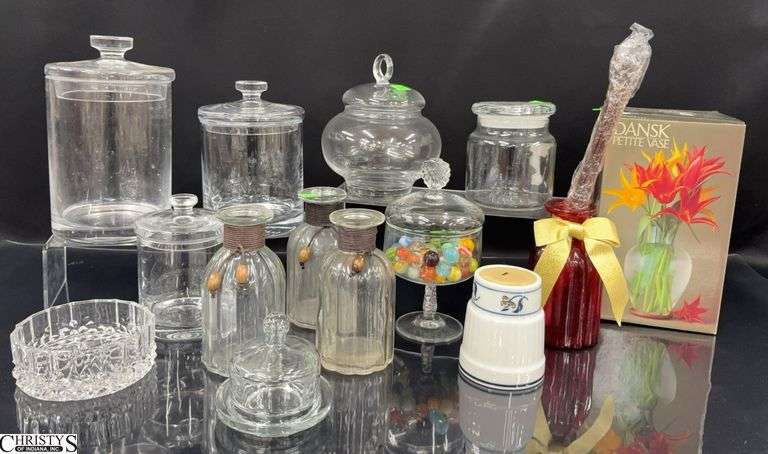 Dansk Vase, Glass Storage Jars, Vases, Small Assortment of Marbles - 8" of tallest image