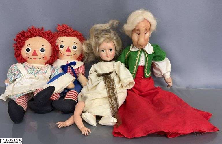 Raggedy Ann and Andy Dolls and 2 Vintage Dolls - some wear, loose pieces - 19" of tallest image