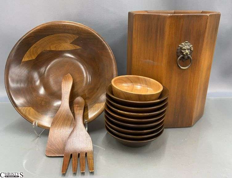 Wooden Salad/Serving Bowls, Utensils, Waste Can - 12" of waste can image