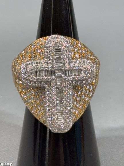 Cross Design Yellow Gold and Diamond Ring. Center Cross Design is Baguette Diamonds with Princess Cut Diamond Accents.  Tests 10K and Diamond image