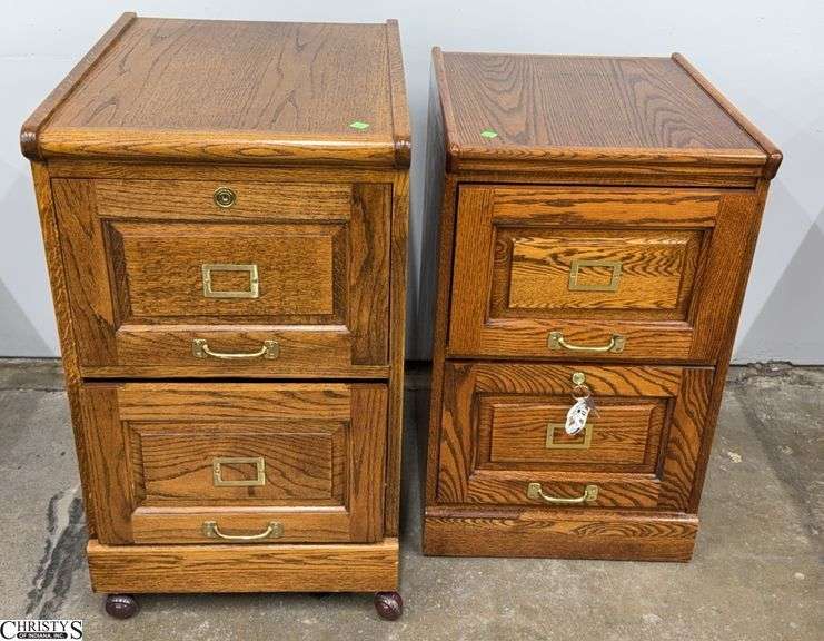 2 Wooden File Cabinets, One on Wheels, Keys Present, Larger 19x25x33" image