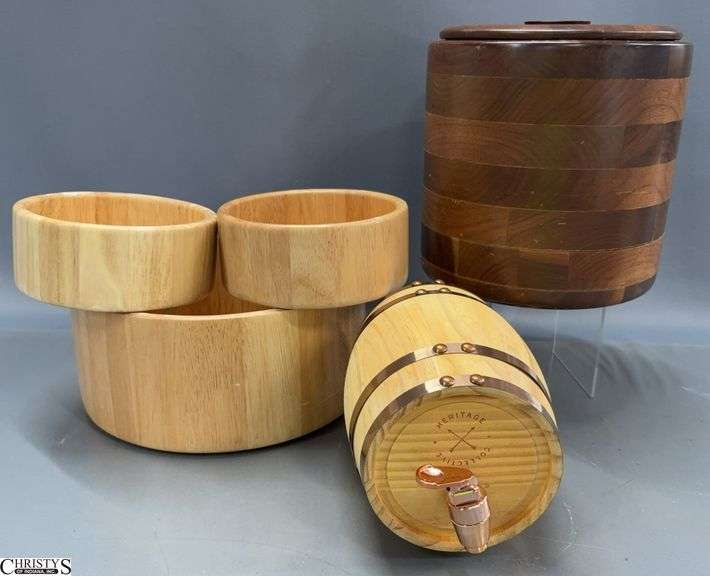 Wooden Ice Bucket, Serving Bowls, Small Barrel Decanter - 9" of ice bucket image