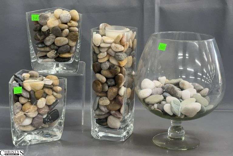 4 Glass Vases w/ Stone Filler - 12" of tallest image