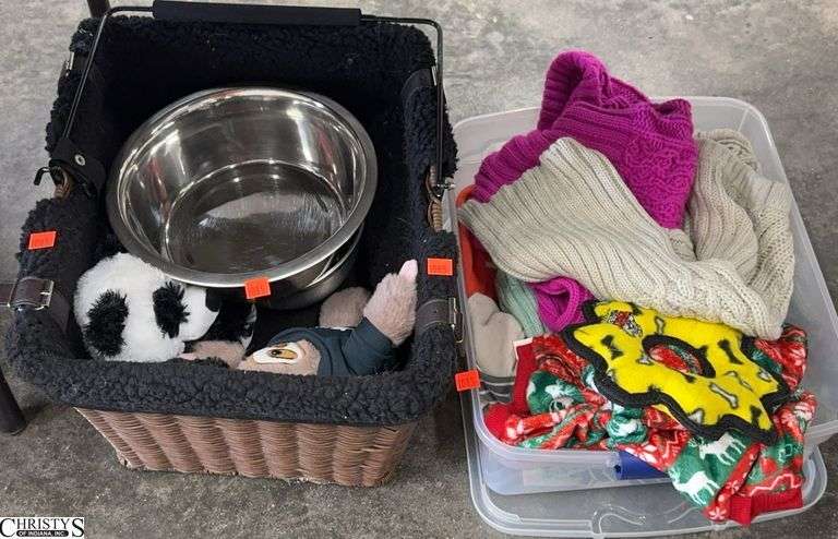 Assorted Dog Clothing/Sweaters, Toys, Food Bowls, Storage Basket - Clothing appears medium size image