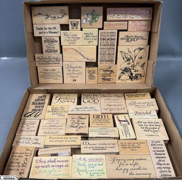 45 Wood Mounted Rubber Stamps, Mostly Inspirational and Religious Phrases image