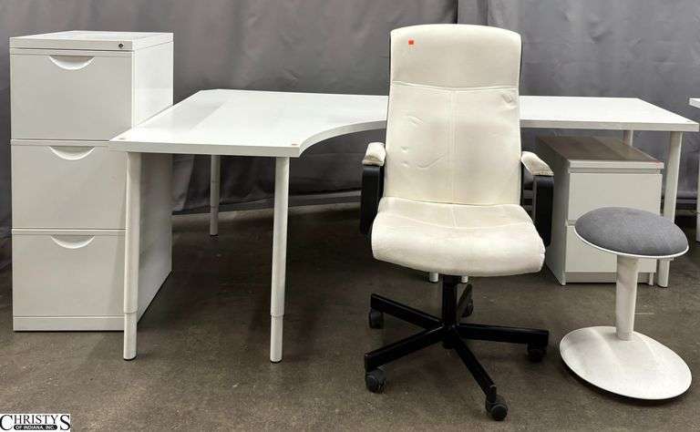 Pressed Wood Corner Desk Unit, Table, 2 Drawer File Cabinet, 3 Drawer Metal File Cabinet, Office Chair, and Stool - 6pcs - Most shows finish wear, damage, staining - 47" x 47" x 29" of corner piece image
