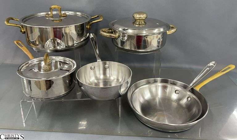 6pcs Stainless Pots and Pans - All Clad, BRA, and Other - 10" D of largest pan image