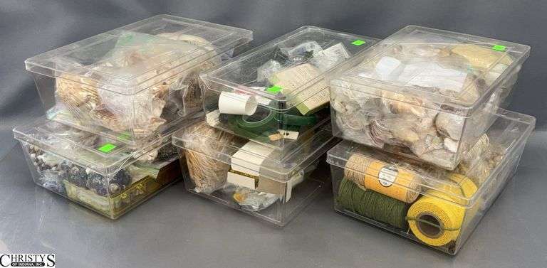 6 Small Totes Assorted Craft Supplies - Floral Tape/Wire, Beads, Seashells, String/Cord, Glue Gun - 13" of largest tote image