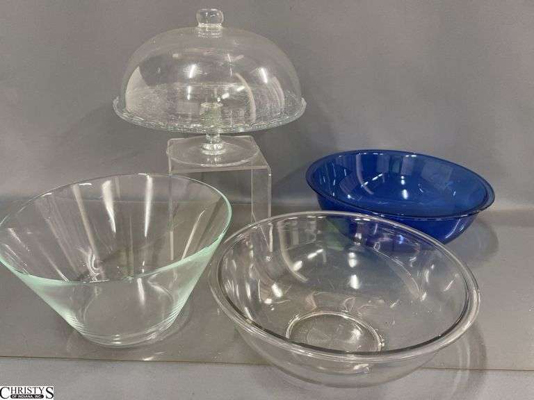 Glass Dome Covered Cake Stand, 3 Glass Pyrex Mixing/Serving Bowls - 11" of largest image