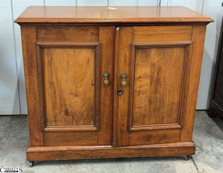 Antique 2 Door Cabinet - 37" x 17" x 32" - some finish wear to top image