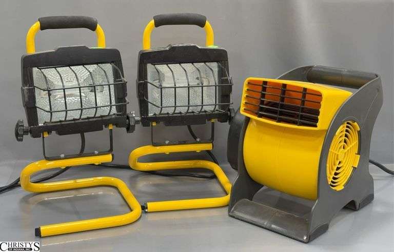2 Cooper Lighting Halogen Lights and a Stanley Blower Fan image