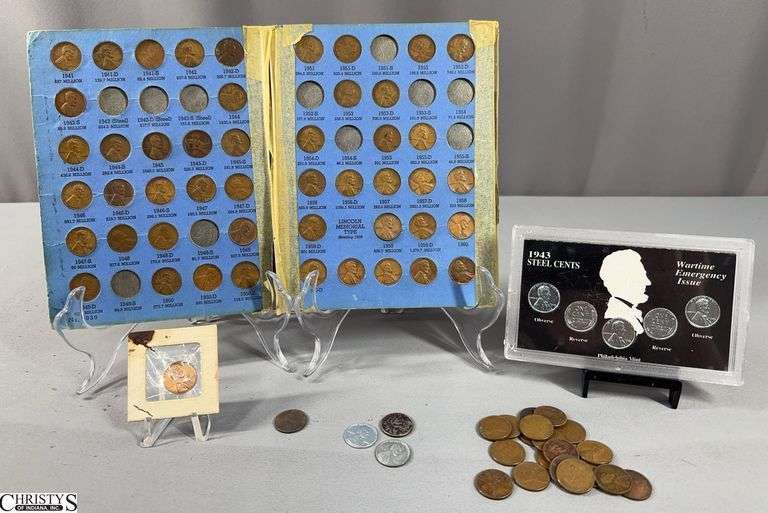 1943 Steel Cents Wartime Emergency Issue, 3 Loose Steel Cents, 19 Loose Wheat Cent, 48 Pennies in a Blue Whitman Collection Book (book is damaged), and  1964 & 1968 Lincoln Cents image