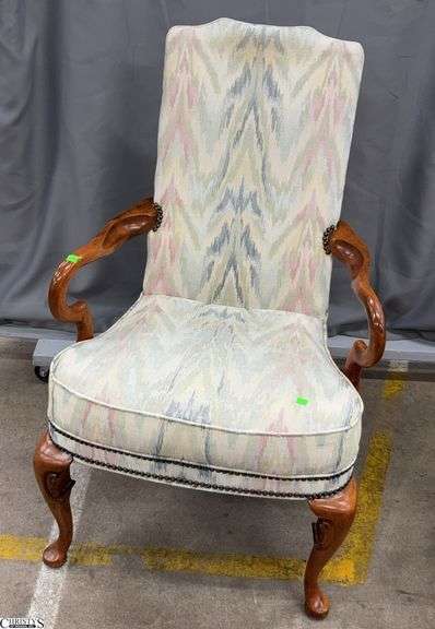 Flame Stitch Style Upholstered Queen Anne Chair - 43" x 19" seat - some wear image
