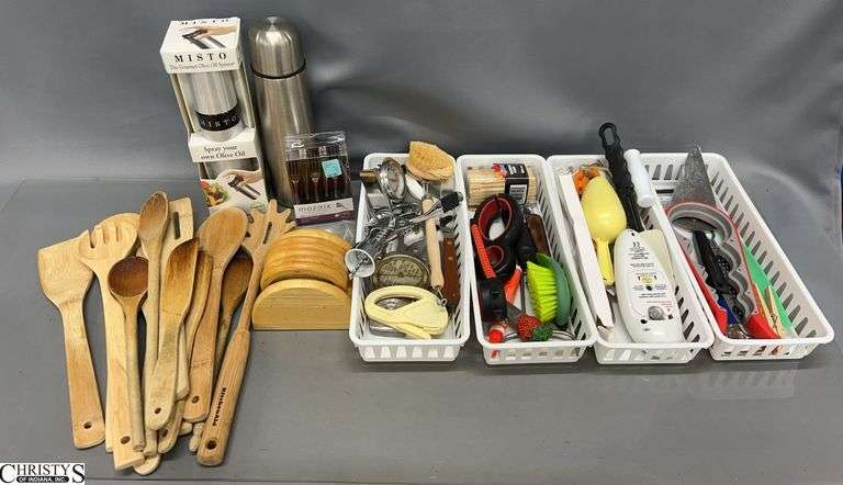 Assorted Kitchen Utensils, Misto Oil Sprayer, Wooden Utensils, Misc image