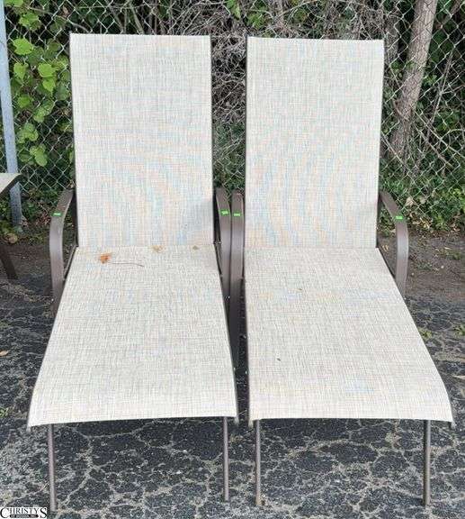 2 Adjustable Patio Outdoor Loungers - 24" W x 66" L x 40" as sits, some scuffing/wear from use image