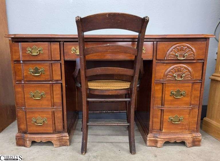 Chippendale Style 7 Drawer Desk and Victorian Style Cane Seat Chair - 52" x 24" x 30" - some finish wear image