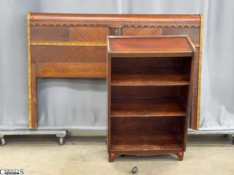 3 Shelf Mahogany Bookcase and Vintage Full Size Headboard - Damaged Feet/Casters - 24" x 11.5" x 38" Bookcase - 58" x 40" Headboard image