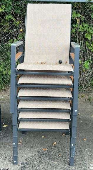 6 Patio Chairs - 23" x 39" - 16" seat of each - some scuffing/wear from use image