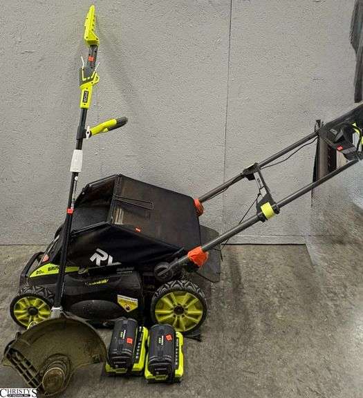 Ryobi 40V Battery 20" Push Mower and Trimmer - 2 Batteries, 2 Chargers - Untested image