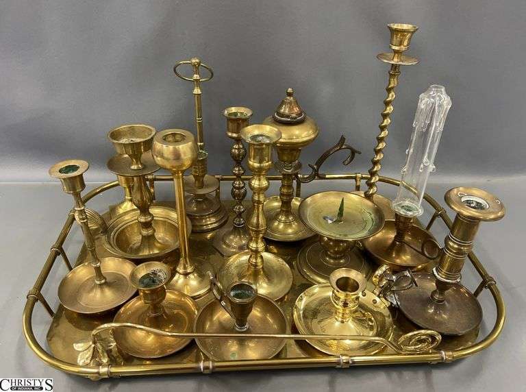 Brass Tray with Assorted Brass Candlesticks - 19" x 13" of tray image