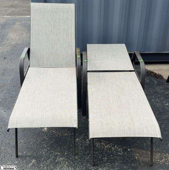 2 Adjustable Patio Outdoor Loungers - 24" W x 66" L x 40" as sits, some scuffing/wear from use image