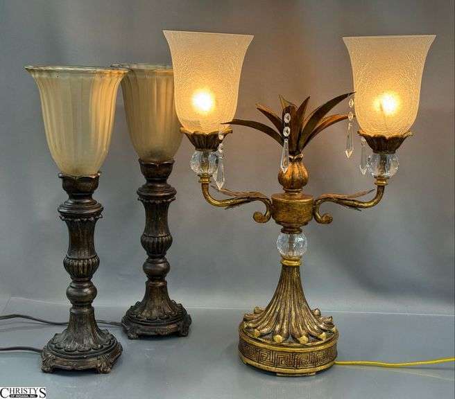 3 Torchiere Style Table Lamps - 17" x 22" of largest, 1 socket is damaged image