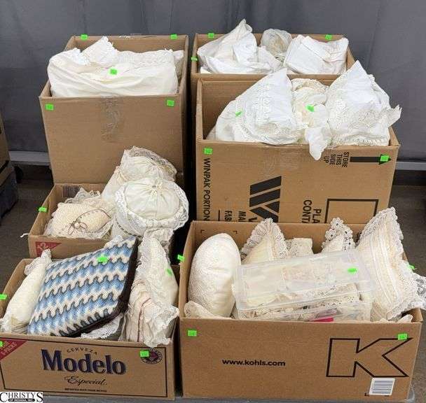 Skid of Soft Goods - Sheets, Bed Pillows, Throw Pillows, Lace Pieces - SKID NOT INCLUDED image