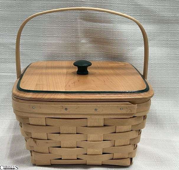 1998 Longaberger Natural Basket with Protector and Lid.  Signed on Bottom "Handmade by Wilma 1998" image