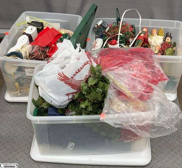 3 Totes Assorted Christmas - Ribbon, Ornaments, Decor, Misc - SKID NOT INCLUDED image