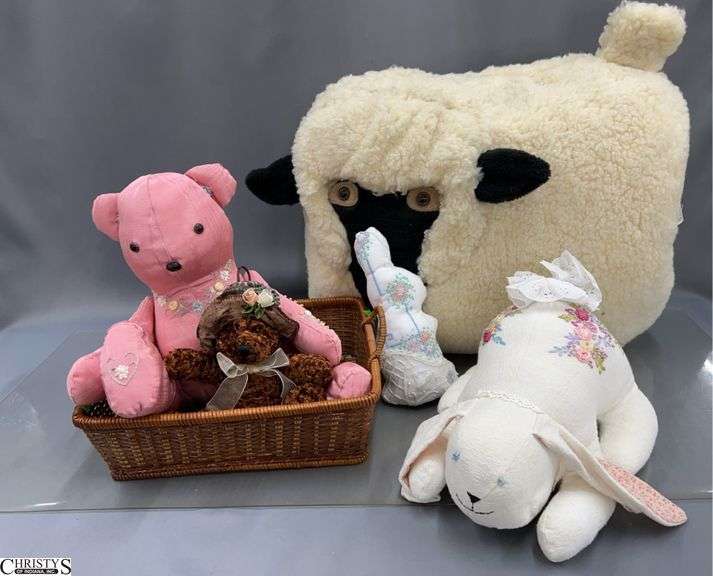 Sheep Motif Pillow, Teddy Bears, Embroidered Rabbits  - 19" x 16" of sheep pillow image