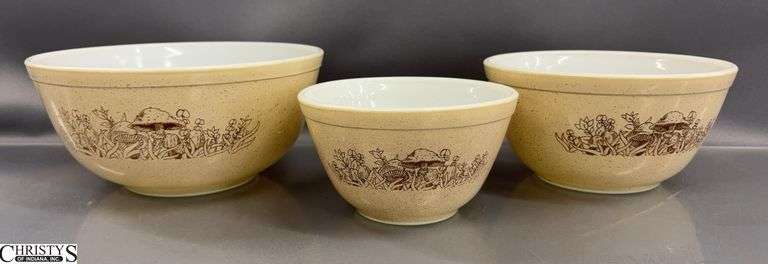 3 Pyrex Forest Fancies Mushroom Mixing Bowls - 8.5" x 4" of largest image